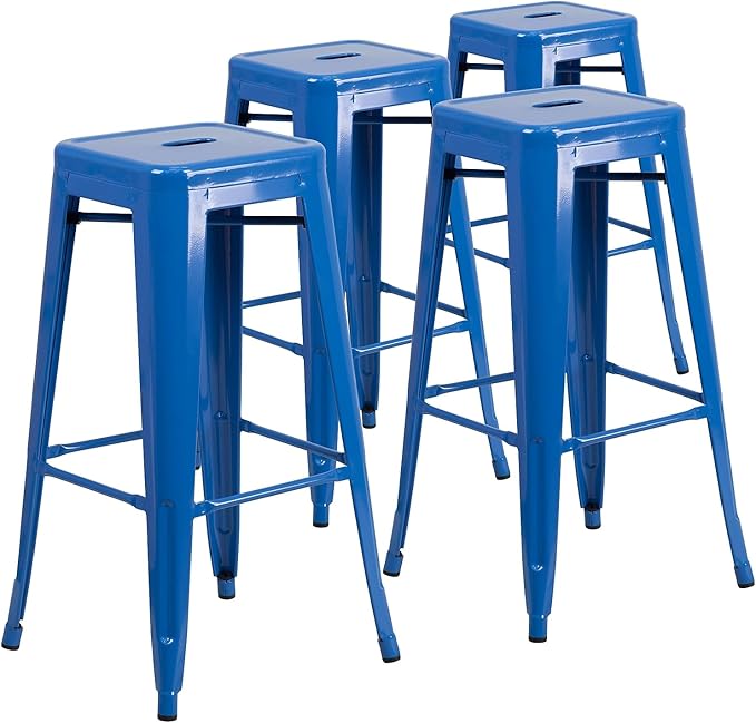 Flash Furniture Lily 4 Pack Commercial Grade 30" High Backless Blue Metal Indoor-Outdoor Barstool with Square Seat