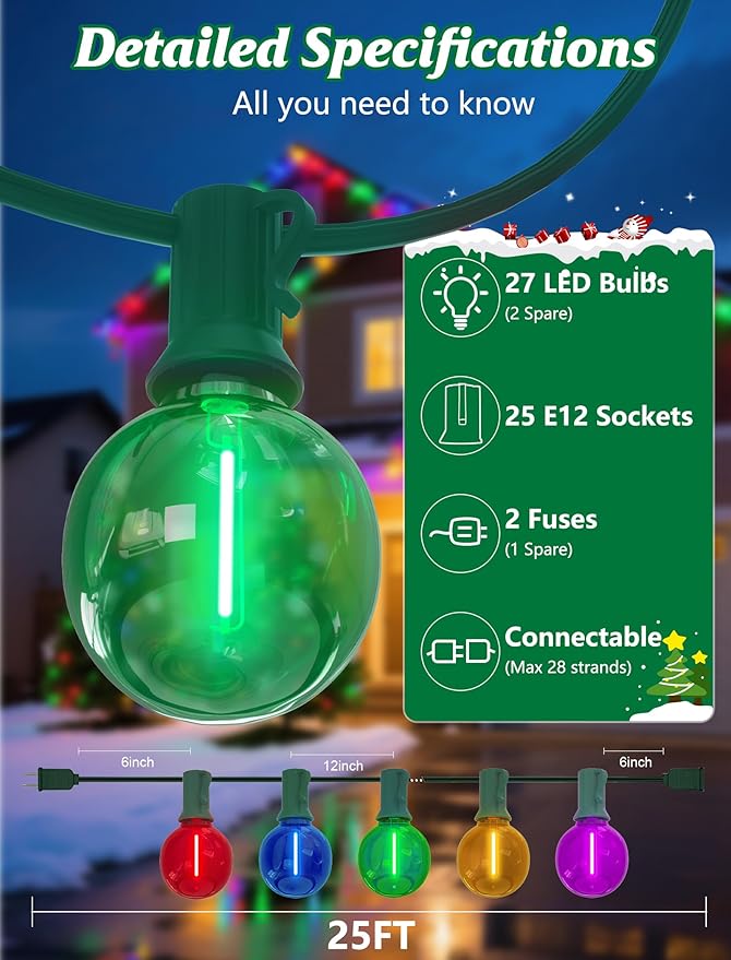SUNSGNE 25FT LED Globe Christmas Lights with 25 Shatterproof G40 LED Clear Multicolor Round Bulbs, Waterproof Colorful Christmas String Lights for Patio Backyard Porch Balcony Gazebo Party Decor