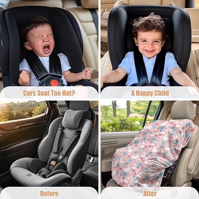 Easter Car Decorations Car Seat Cover Baby Girl Cute Bunny Car Seat Sun Shade Cover Keeps Baby's Carseat at Cooler Temperature, Blocks Out Heat & Sun UV Covers, Pink