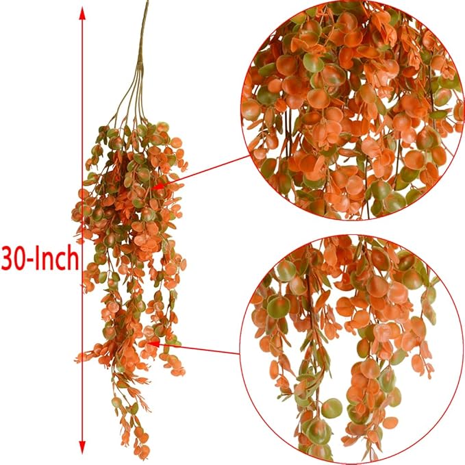 2pcs Artificial Hanging Fall Plants Fake Hanging Plant Faux Eucalyptus Leaf Greenery Vine Outdoor UV Resistant Plastic Plants (2, Fall Orange)