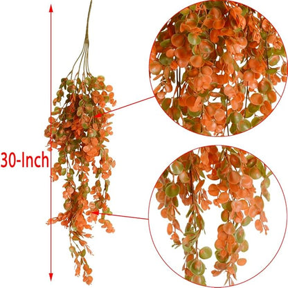 2pcs Artificial Hanging Fall Plants Fake Hanging Plant Faux Eucalyptus Leaf Greenery Vine Outdoor UV Resistant Plastic Plants (2, Fall Orange)