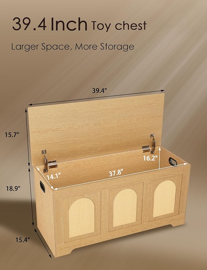 DINZI LVJ Storage Chest, 39.4" Rattan-Like Box with 2 Safety Hinges, Wooden Entryway Shoe Bench with Flip-Top, Storage Trunk for Living Room, Bedroom, Easy Assembly, Natural
