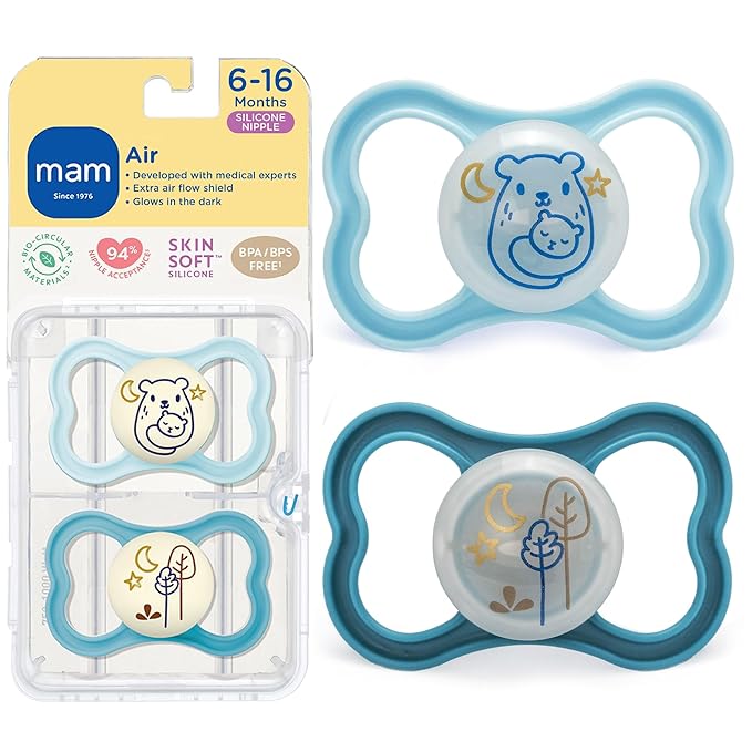 MAM Air Pacifier for Babies 6-16 Months, Extra Air Flow for Sensitive Skin, Glows in The Dark, Developed With Medical Experts, BPA-Free Skin Soft Silicone, 2 Count, With Sterilizer Case Made in Europe