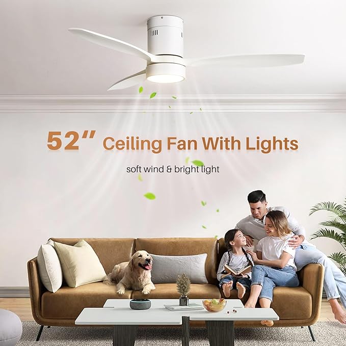 Sofucor 52 Inch Ceiling Fans with Lights and Remote, Modern Wood Low Profile Flush Mount Quiet White Ceiling Fan for Bedroom, Reversible DC Moto for Living Room/Farmhouse/Patio/Indoor/Outdoor