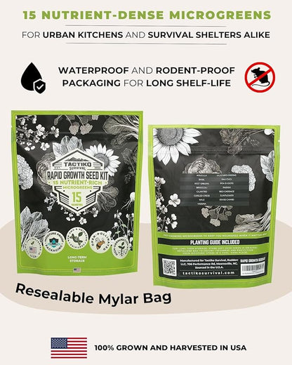 15 Tactiko Rapid Growth Microgreens & Vegetable Seed Kit – Heirloom Non-GMO Grown in USA – for Everyday or Survival Use – Sprout Indoors or Grow Full-Size Veggies in Soil, Containers, or Hydroponics