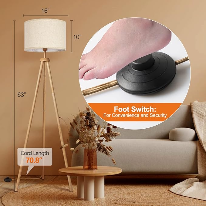 OUTON Tripod Floor Lamp, Floor Lamp with Remote Control, 4 Color Temperature, Modern Dimmable Tall Standing Lamp with Beige Linen Texture Shade for Living Room, Bedroom, Office (Nature Wood)