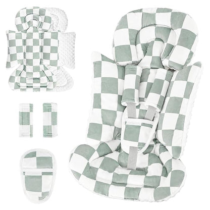 DILIMI Infant Car Seat Insert, Baby Car Seat Head Support with 3 Strap Paddings, Soft Newborn Car Seat Cushion for Stroller, Swing, Bouncers, Green Checkered