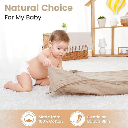 Hooded Baby Towels for Newborn, 2 Pack 36x36Inch Muslin Cotton Baby Bath Towel and 2 Pack 12x12Inch Washcloth Set with Hood for Babies, Toddler and Kids, Essentials Must Haves (Coffee and Car)