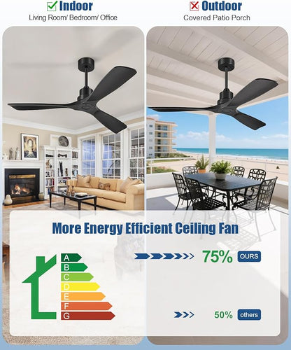Ceiling Fans With Remote Control, Outdoor Ceiling Fan for Patios Indoor, 3 Downrods, 3 Blades, Timer, 6 Speed Reversible Quiet DC Motor Modern Fan Solid Wood Fan,60in, Matte Black