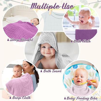 VitalCozy 12 Pcs Baby Muslin Hooded Bath Towels and Washcloths, Muslin Hooded Baby Towels Absorbent Blankets for Gift Newborn Infant Shower (Purple Series)