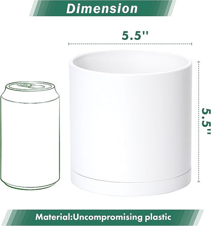 D'vine Dev 2 Pack 5.5 Inch Modern Plastic Plant Pots, Small Garden Planters for Plant with Drainage Holes and Saucers, White Color, 74-Z-H-1