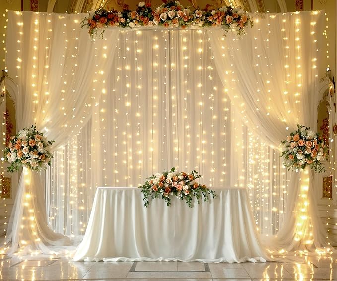 Champagne Backdrop Curtain with Lights String for Parites Wedding 20×8ft Sheer Tulle Backdrop Curtains for Bridal Shower Baby Shower Birthday Party Photo Shoot Background Decorations(4 Panels 5ft×8ft)
