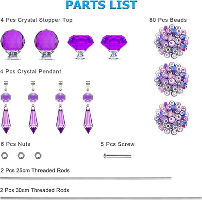Exway 100 PCS DIY Fairy Wand Beaded Garden Stake Beads Kits with Purple Large Hole Beads 4 Crystal Stopper Top Threaded Rods and 4 Purple Sparkling Crystal Pendants for Outdoor Indoor Decor