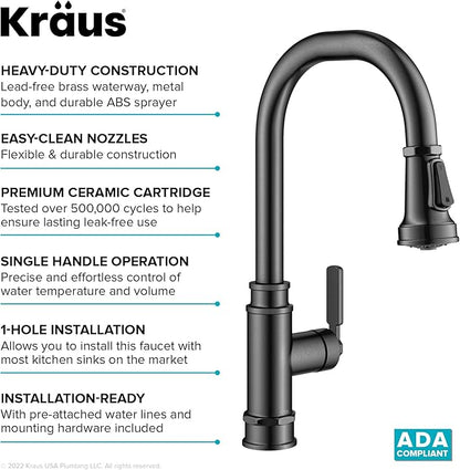 KRAUS Allyn Transitional Industrial Pull-Down Single Handle Kitchen Faucet in Spot-Free Black Stainless Steel