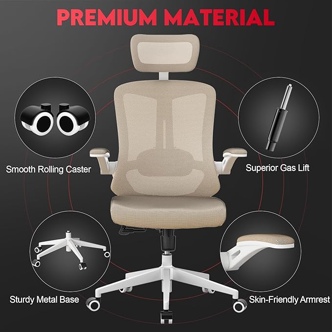 Ergonomic Office Chair - 400LB Comfy Desk Chairs with Headrest and Back Support, Heavy Duty Mesh Computer Chair with Wheels and Arms for Home Office, Study, Bedroom and College Dorm (Beige)