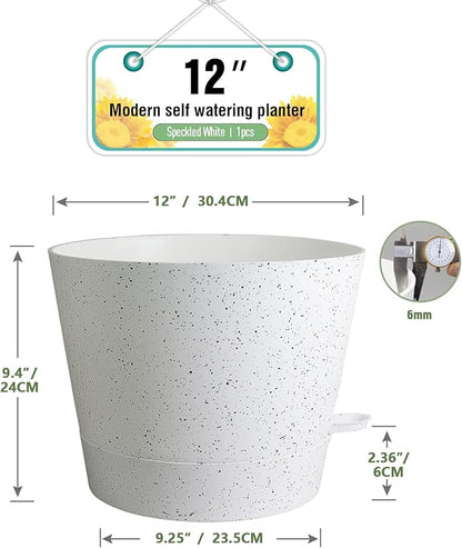 12 inch Large Self Watering Pots, Plant Pots with Mesh Drainage Holes for Indoor Outdoor Plants, Plastic Planters with Deep Reservoir for Garden House Flower Plants, Speckled White