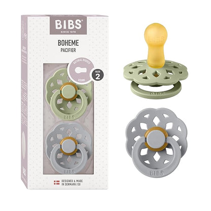 BIBS Pacifiers - Boheme Collection | BPA-Free Round Nipple | Nautral Rubber Latex | Made in Denmark | Set of 2 Sage/Cloud Color Premium Soothers | Size 6-18 Months
