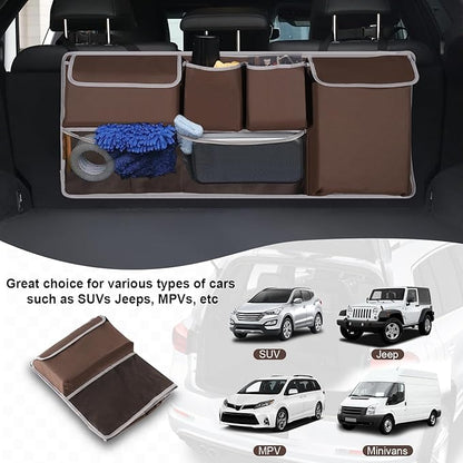 UYYE Trunk Hanging Organizer, Backseat Storage Bag, Collapsible Car Interior Accessories with 4 Pockets & 2 Mesh Pouches for Tools, Provide More Storage Trunk Space for SUV, Jeep, MPVs (Brown)