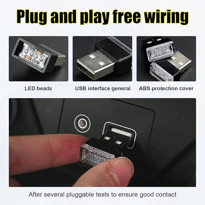 Ziciner 4 PCS USB LED Car Interior Atmosphere Lamp, Portable Mini LED Night Light, Plug-in USB Interface Trunk Ambient Lighting Kit, Universal Car Interior Accessories (White, Ice Blue)