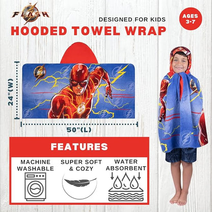 WB The Flash Movie DC Comics Kids Bath/Pool/Beach Soft Cotton Terry Hooded Towel Wrap, 24 in x 50 in, By Franco
