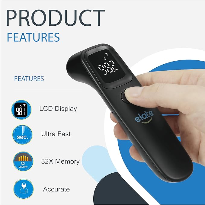 Elate Medical Grade Non-Contact Forehead Thermometer for Adults and Kids, No-Touch Digital Infrared Thermometer for Infants/Newborns, Touchless Temporal Thermometer for Fever, Black