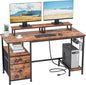 Furologee 47" Computer Desk with File Cabinet and Power Outlets, Home Office Desk with 2 Monitor Stands and Storage Drawer, Writing Gaming Table with Shelves and 2 Hooks for Bedroom, Rustic Brown
