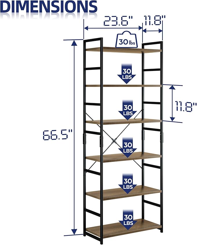 NUMENN 6 Tier Bookshelf, Tall Bookcase Shelf Storage Organizer, Modern Book Shelf for Bedroom, Living Room and Home Office, Dark Walnut
