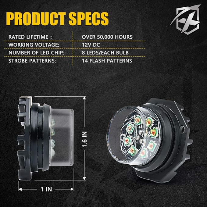 Xprite Hideaway Strobe Lights Amber LED Strobe Light Kit with 14 Flash Patterns Grill Strobe Lights for Trucks Surface Mount Headlight Taillight Emergency Warning for Work and Tow Vehicles - 1PC