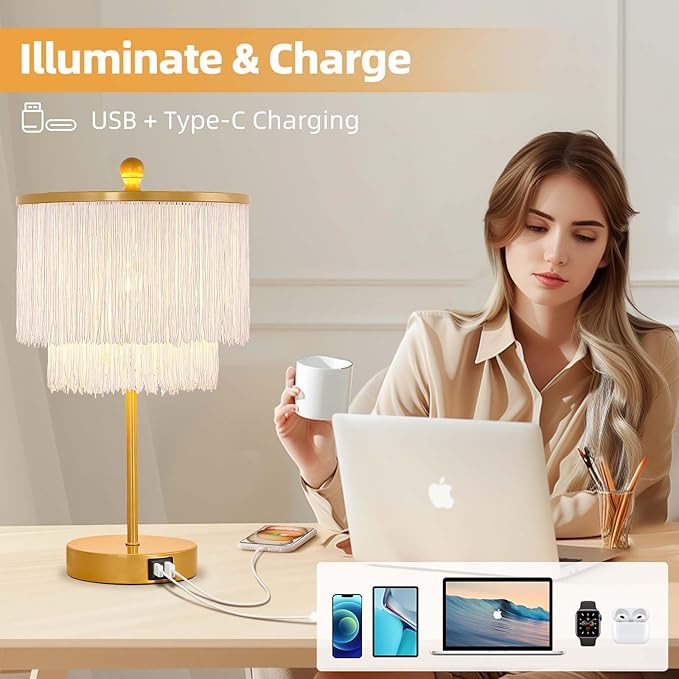 Lovlast Boho Lamp for Bedroom, 3-Way Dimmable Bedside Touch Lamp with USB Charging Port, Gold Table Lamp, Fringe Boho Table Lamp for Living Room, Teens Room, Dresser, Nightstand, LED Bulb Included
