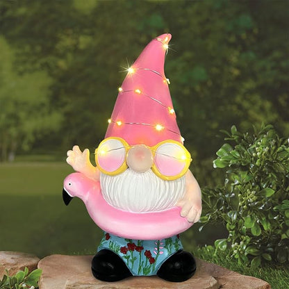 BAYN Garden Gnome Statues Outdoor Decor, Solar Powered Outdoor Gnome with Flamingo Swimming Decorative Yard Garden Lights Art Gifts with 11 Warm White LEDs