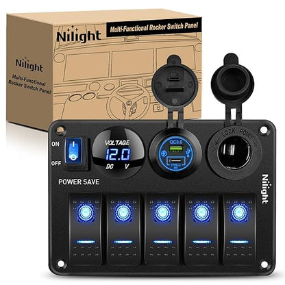 Nilight 5 Gang Rocker Switch Panel Waterproof Pre-Wired Aluminum Power Control Marine Panels with PD Type C and USB Cigarette Lighter Socket Voltmeter 12V 24V ON Off Switches for Car Trucks Boats RVs