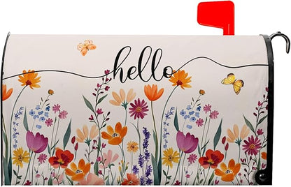 Hello Floral Mailbox Cover Summer Orange Flower Mailbox Covers Magnetic 25.5x21 inch Fall Watercolor Flowers Post Letter Box Cover Home Decor Outdoor Yard Decoration for Garden