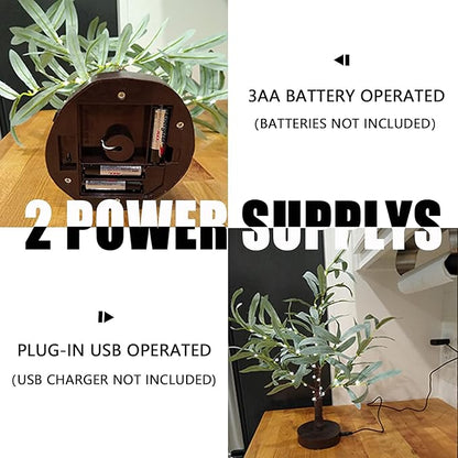 Fudios Little Lighted Tree with Timer 18in 50 LED USB Battery Operated Table Top Bonsai Olive Trees Light Artificial Plant for Home Decor Indoor