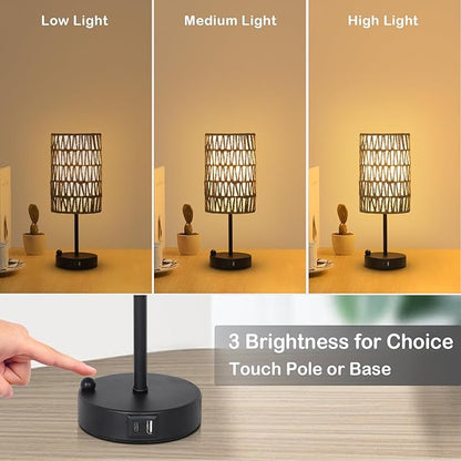 Touch Bedside Lamp For Bedroom with Bulb, Gray Boho Small Table Lamp For Living Room With Rattan & Linen Shade, 3 Way Dimmable Table Lamp For Nightstand With USB Charging Port & Phone Stand For Office