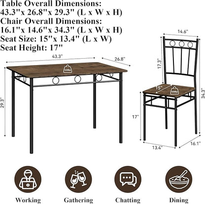 5 Piece Dining Table Set, Modern Metal&Wood Kitchen Dinner Table with 4 Chairs, Dining Room Table Sets for Small Spaces, Brown