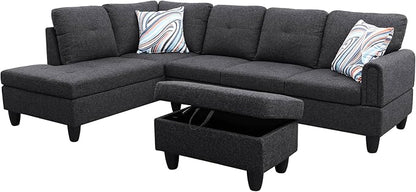 L Shaped Sectional Couch with Otttoman, 97" Sectional Sofa for Living Room Flannel Modular Couches with Cup Holders for Bedroom, Apartments, Black Grey