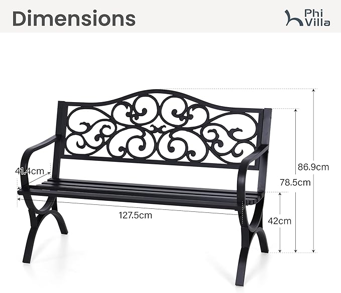 PHI VILLA 50-Inch Cast Iron Steel Frame Garden Bench Outdoor Patio Bench Chair w/Floral Design Backrest, Slatted Seat for Park, Yard & Porch, Black