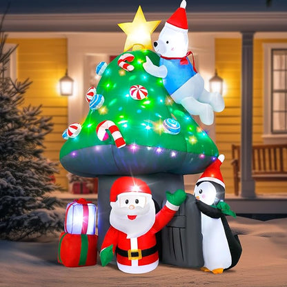 Christmas Inflatable Outdoor Decoration, 7FT Blow Up Mushroom House with Santa, Polar Bear & Penguin, Built-in Colorful Light Inflatable Christmas Tree & Gift Boxes for Xmas Party Yard Lawn Patio