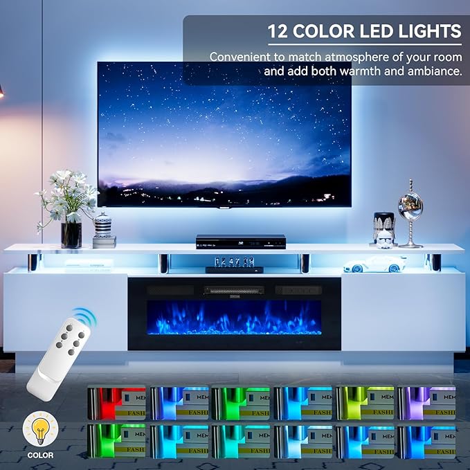 80" TV Stand & Media Console, Entertainment Center with Storage Shelves, Fits TVs up to 90", Modern Living Room Cabinet, 36" Electric Fireplace (White+Black)