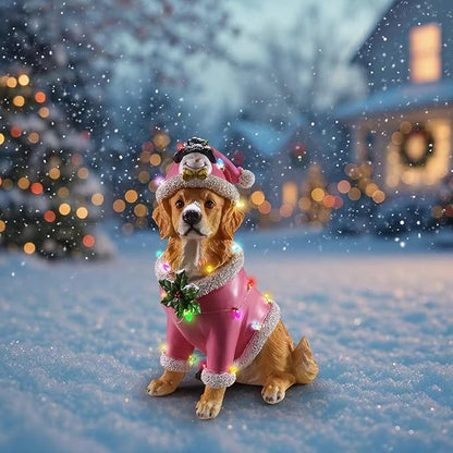 Christmas Outdoor Decoration Dog Statue, LED Light Cute Golden Retriever Dog Sculpture with Pink Santa Outfit & Lights for Garden and Yard, Indoor Holiday Décor Gift for mom and dad