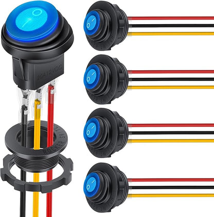 Nilight 5PCS Waterproof Round Rocker Switch w/Wiring Harness Switches Holder 12V 24V Blue LED Lighted On Off Toggle Shell SPST 3Pin for Switch Panel Car RV Trucks Marine Boats