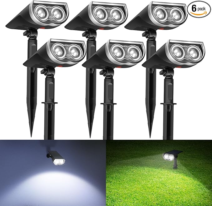 Consciot Solar Spotlights Outdoor, Daylight IP67 Waterproof 2-in-1 Solar Spot Lights, Durable Christmas Decorations Lights for Garden Yard Pathway Driveway Porch Walkway, Auto On/Off, 6 Pack