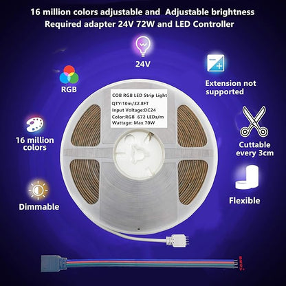 GIDEALED 24V COB RGB LED Strip Light 32.8ft,16 Million RGB Colors Changing,High Density 6720 LEDs Flexible COB LED Strip Light DC 24V for Bedroom Decoration (Without LED Controller&24V Power Supply)