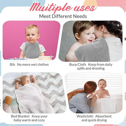 Hahafelt 6 Pcs Muslin Hooded Bath Towels Washcloths and Bibs Set, Muslin Cotton Baby Towels Absorbent Hooded Blanket Towel Infant Bibs for Boys Girls Newborn Infant Essential(White, Light Gray)