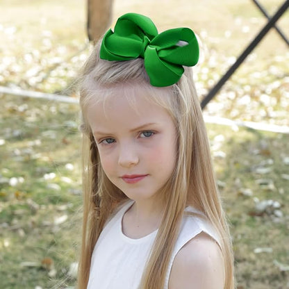 Oaoleer 8PCS Hair Bows for Girls Green Grosgrain Ribbon Boutique Bow Alligator Clips Hair Accessories for Toddlers Little Girls Kids (8inch, 6inch, 4.5inch, 3inch in Pair)