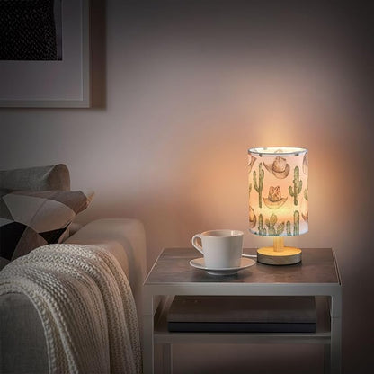 Bedside Table Lamp Western Cowboy Desert Cactus Nightstand Lamp with Wood Desk Lamps for Bedroom Living Room Nursery Office Home Decor