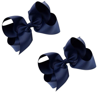 DEEKA 2 PCS 6" Big Hand-made Grosgrain Ribbon Solid Color Hair Bows Alligator Clips Hair Accessories for Little Teen Toddler Girls Kids Set of 2 -Navy Blue