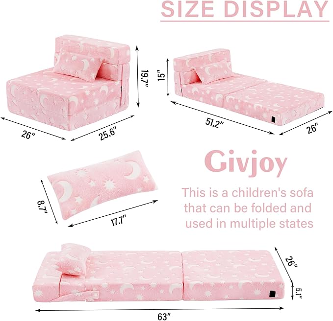 Folding Sofa Bed Floor Mattress for Kids with Pillow, Toddler Glow Washable Folding Floor Nap Mat for Sleeping, Child Fold Up Sofa Futon Chair Bed with Storage Bag for Girls Boys
