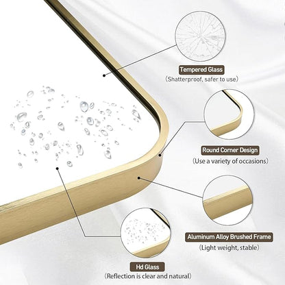 Gold Bathroom Mirror, 48x30 Inch Brushed Gold Mirror, Aluminum Alloy Framed Rectangle Bathroom Mirror for Over Sink, Anti-Rust Wall Mirror (Horizontally or Vertically)