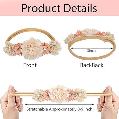 3PCS Baby Girl Flower Headbands Set Elastic Bow Hair Band Handmade Bow For Newborn Infant Toddler Pack